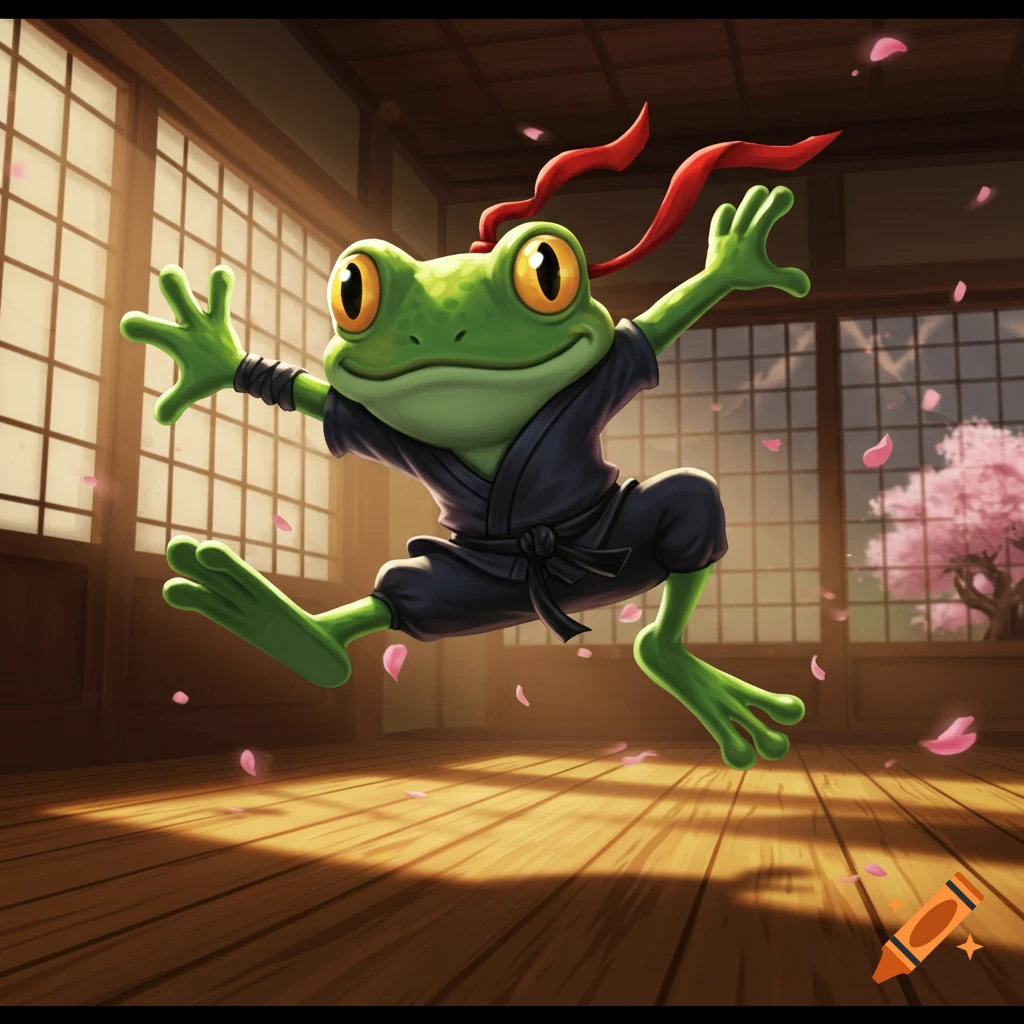 A green cartoon frog in a black ninja gi with a red headband leaps in the air within a traditional Japanese dojo, with cherry blossoms visible outside.