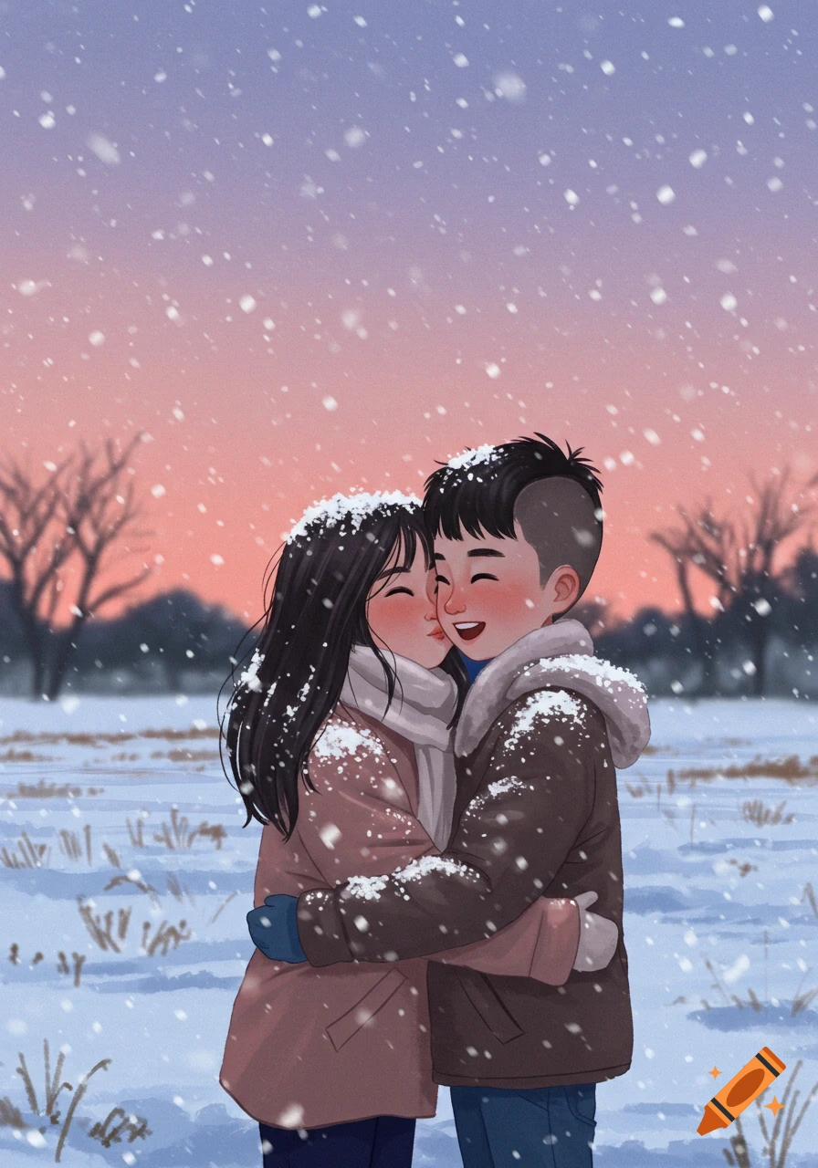 A cute Asian couple, a boy with a buzz cut and a long-haired girl, hug in a snowy field at sunset in an illustration.