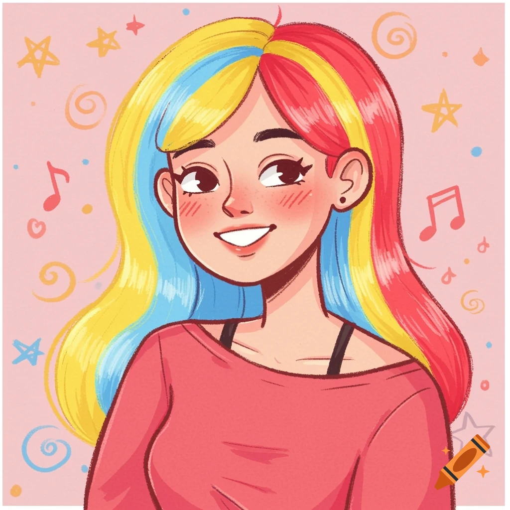 A vibrant cartoon portrait of a smiling woman with split colorful hair (yellow, blue, red) and a red shirt, set against a pink background with musical notes and stars.