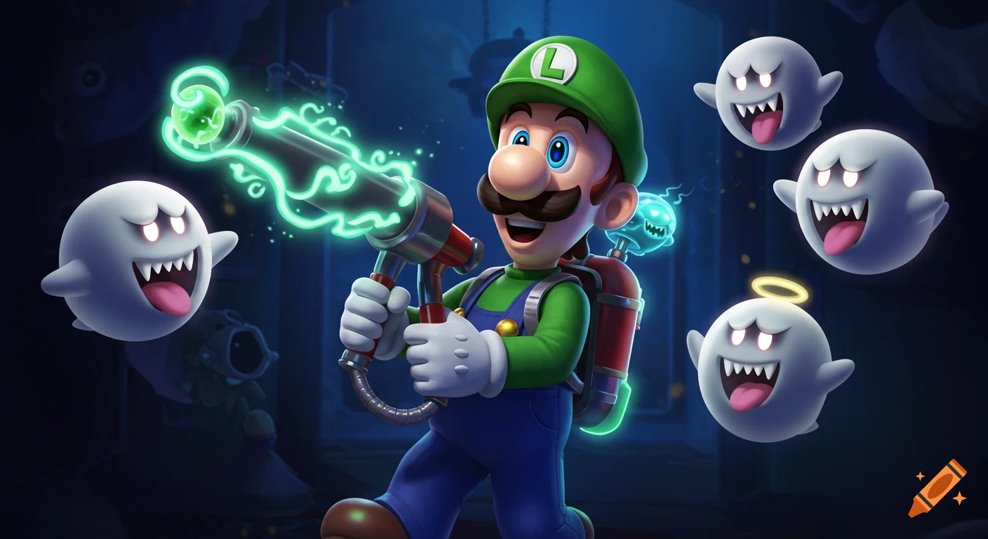 Luigi holding a glowing Poltergust 5000, surrounded by several white Boo ghosts in a dark mansion setting, Nintendo art style.