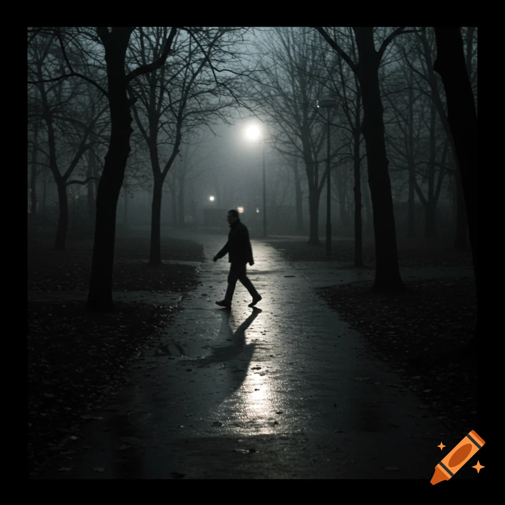 A silhouetted person walks on a wet path in a dark, foggy park at night, illuminated by a streetlamp, in a grainy, lo-fi style.