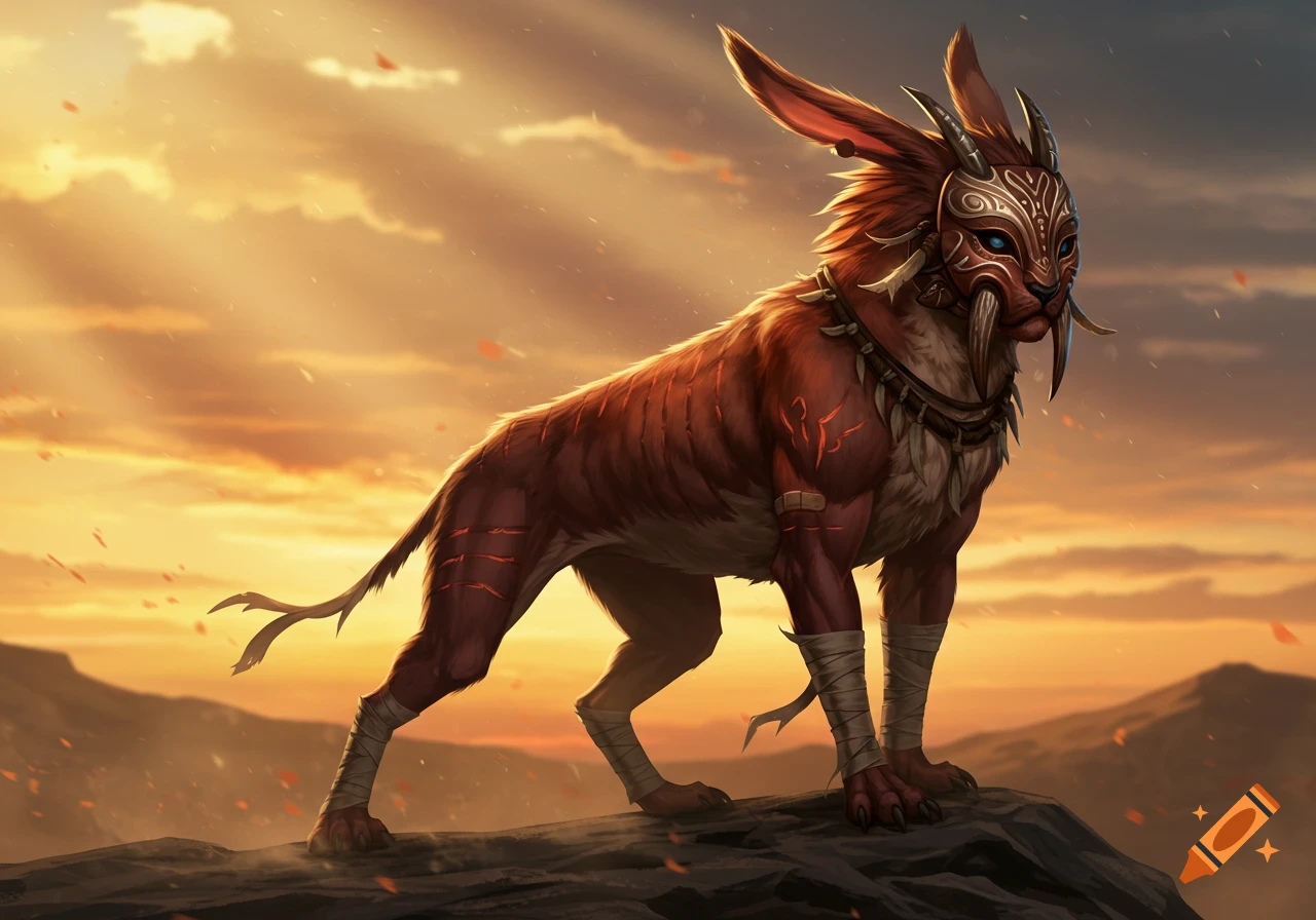 A fantasy creature, a mix of a cat, dog, and rabbit, with reddish-brown fur, a tribal mask, and wraps on its legs, stands on a rock at sunset.