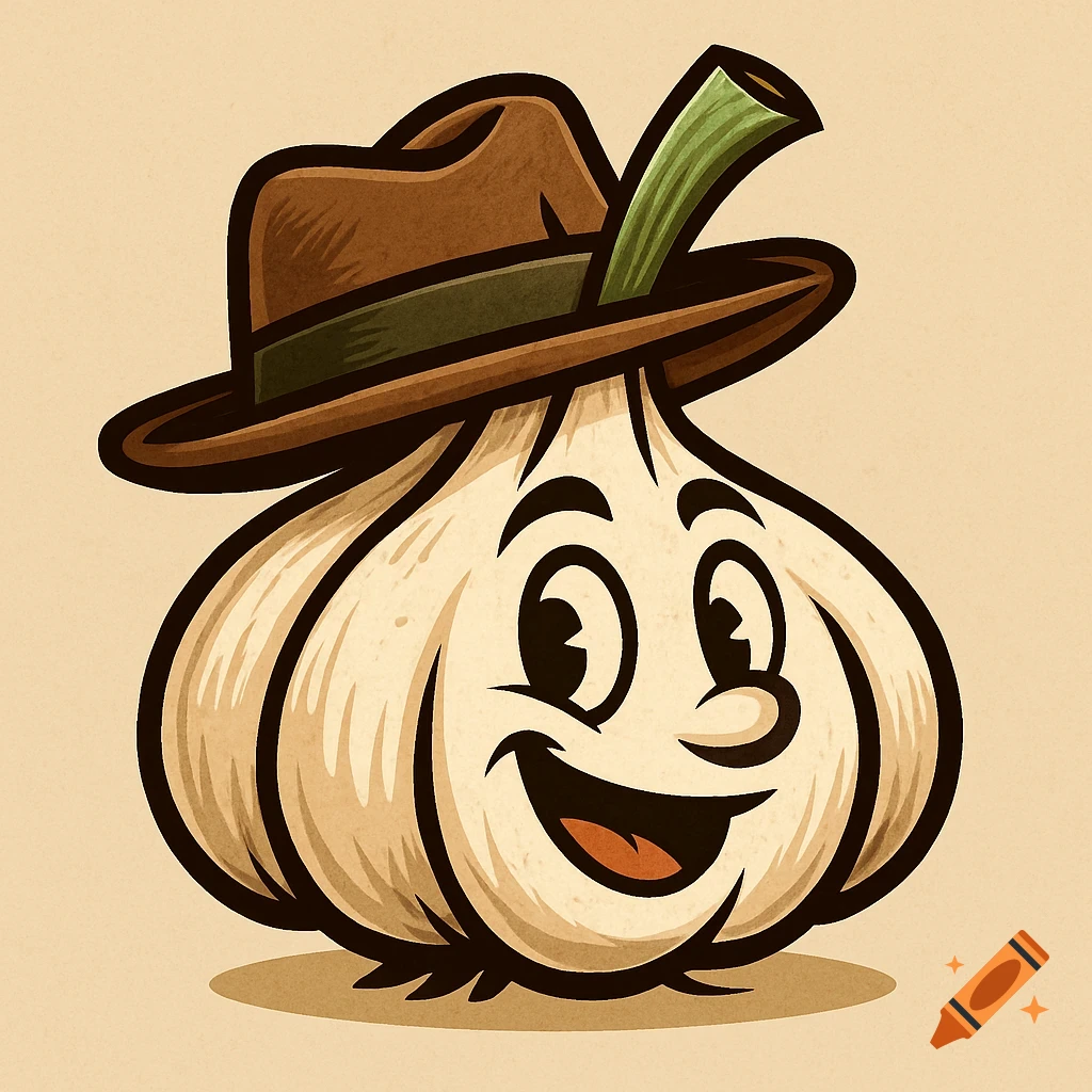 A smiling cartoon garlic head wearing a brown fedora hat with a green stem.