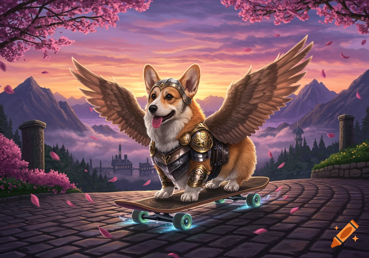 A Corgi in Valkyrie armor with wings rides a skateboard on a cobblestone path under cherry blossoms and a sunset sky.