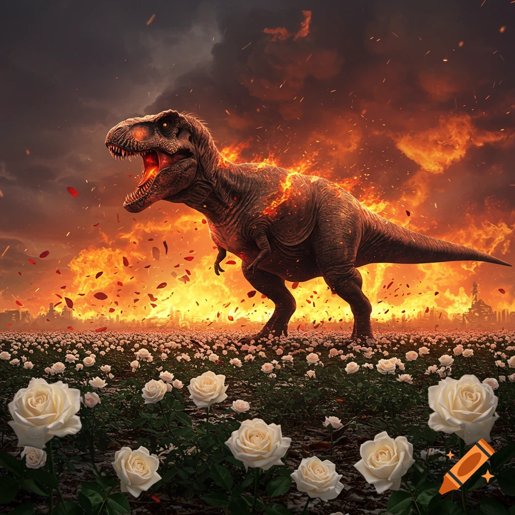 A fiery T-rex stomps through a field of white roses under a stormy, smoke-filled sky with a burning city in the background.