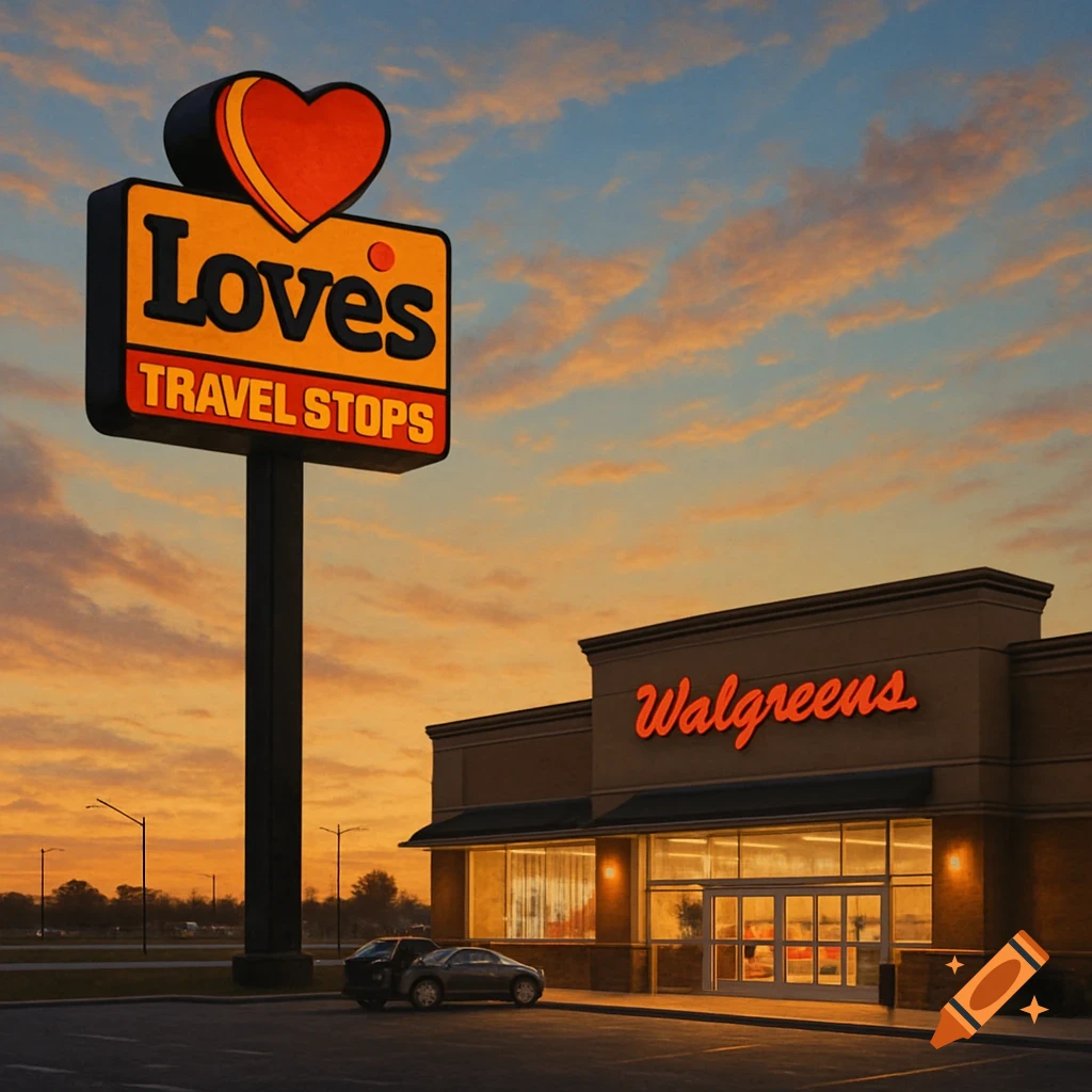 Love's Travel Stops sign and a Walgreens store at sunset with cars in the parking lot.