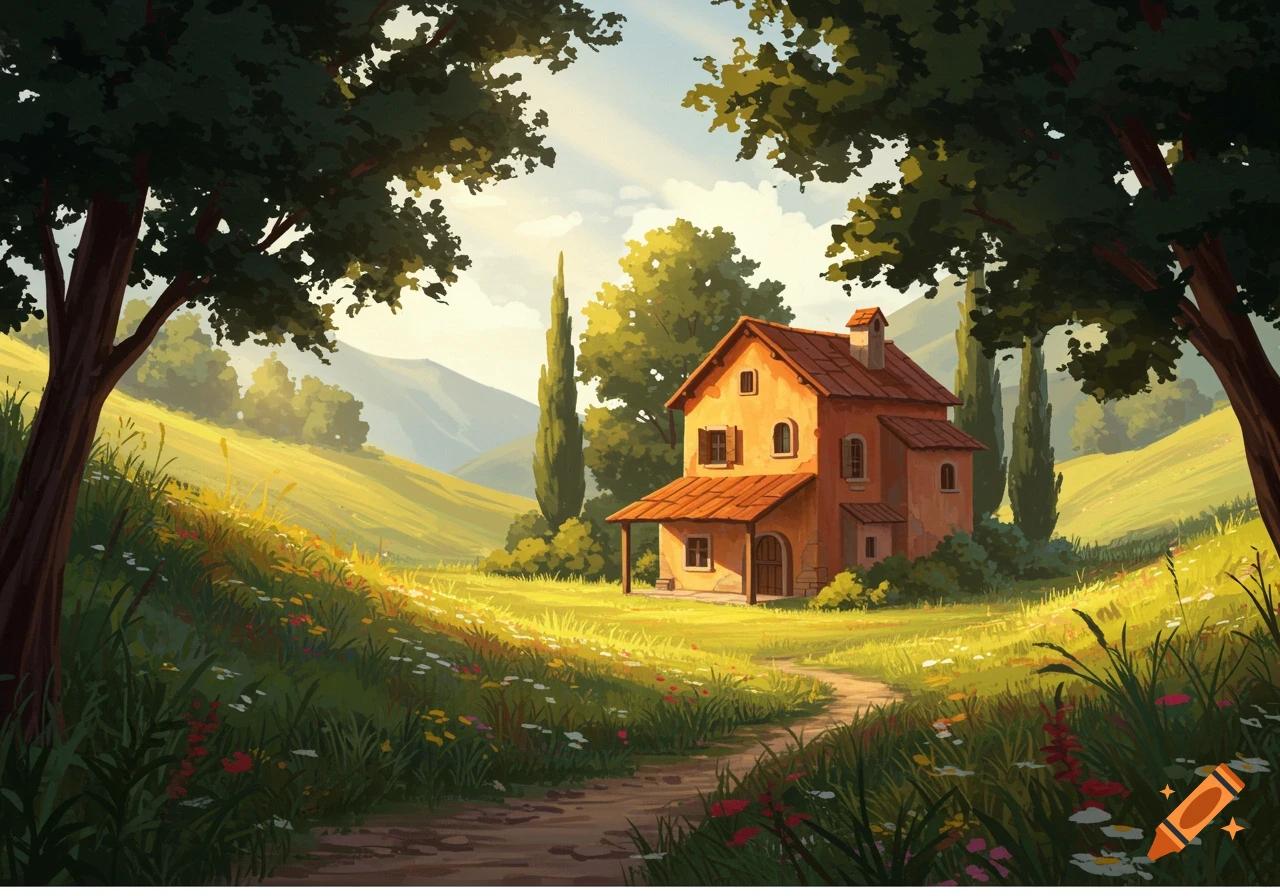 An illustrative painting of an old house in a sunlit green valley with trees and wildflowers.