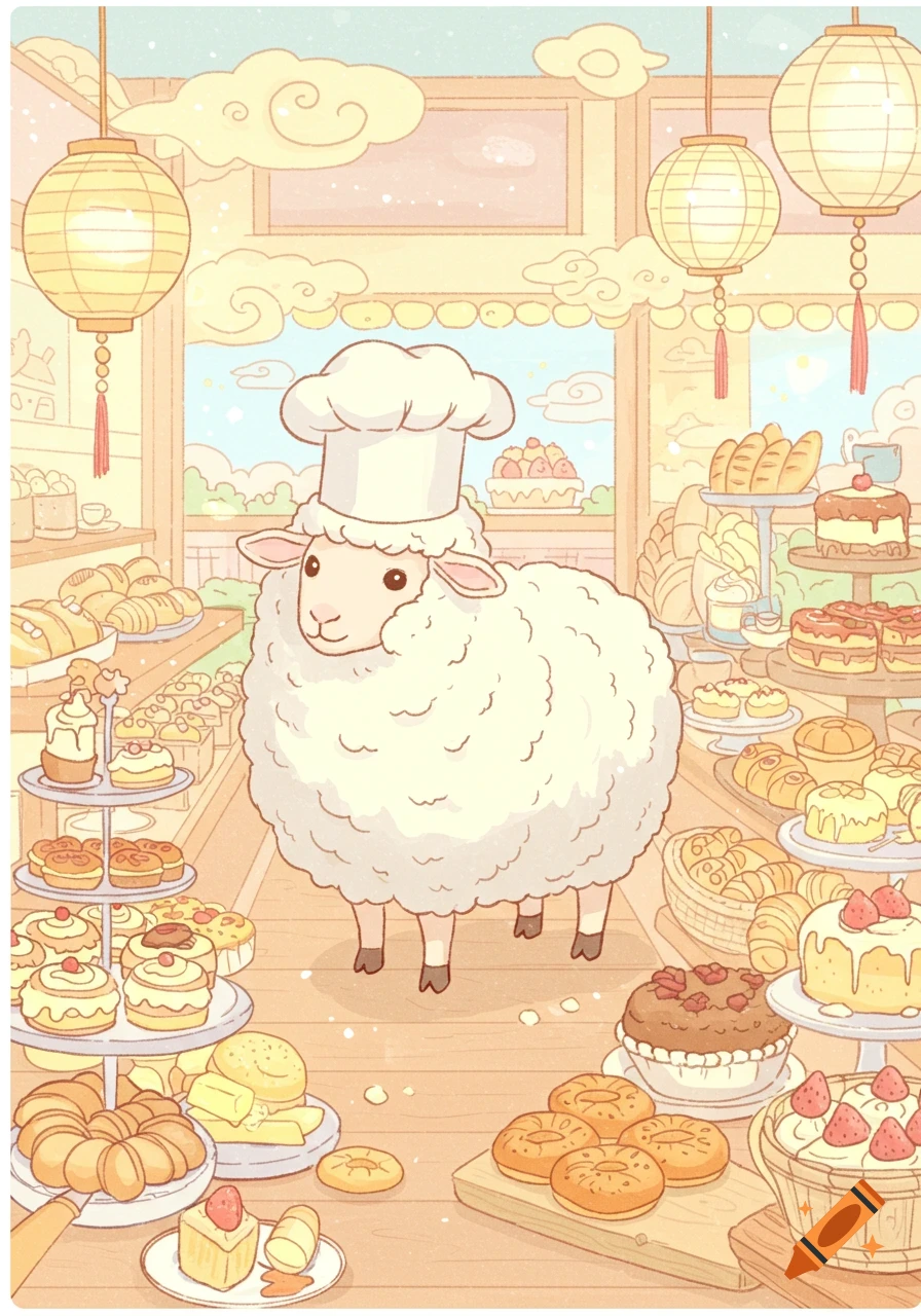 A cute cartoon sheep in a chef's hat stands inside a brightly lit bakery filled with pastries and baked goods, in a Korean doodle style.