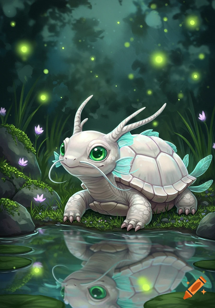 Cute white dragon turtle with green eyes and blue fins sits by a pond in a magical, dark forest with fireflies.