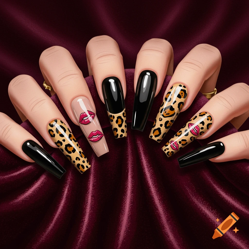 A close-up of hands with long, coffin-shaped acrylic nails featuring black, cheetah print, and red lip kiss designs, resting on dark red velvet.
