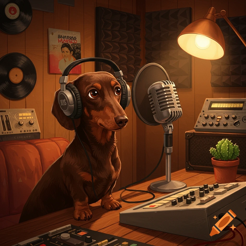 A brown dachshund wearing headphones sits at a desk with a microphone in a recording studio.