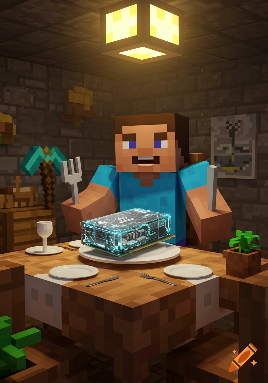 Steve from Minecraft sits at a wooden table, about to eat an Intel GPU for dinner. He holds a fork and knife, with plates and a drink nearby in a blocky room.