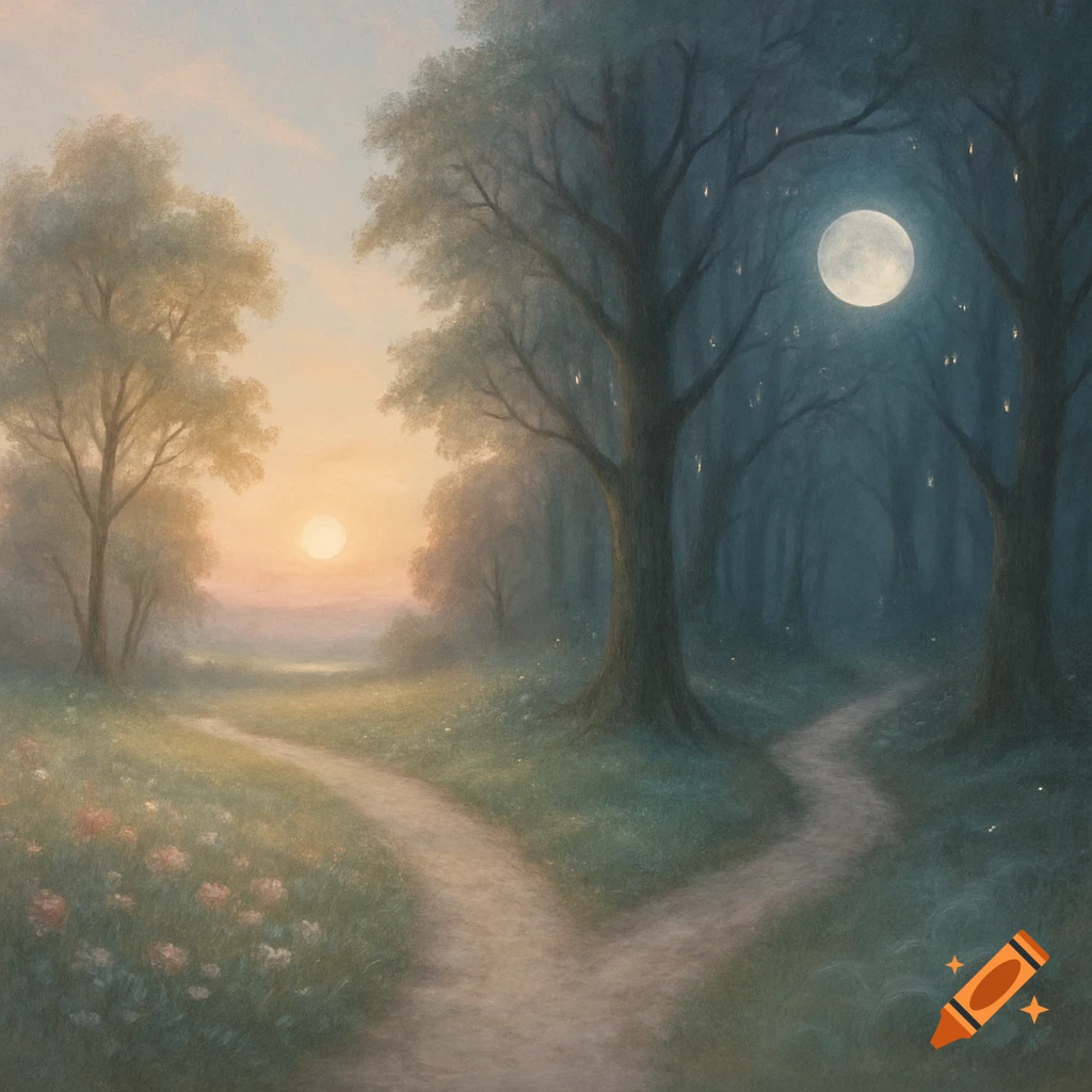 A dreamy landscape painting showing two diverging paths in a forest, one leading to a bright sunset, the other into a dark, moonlit night.