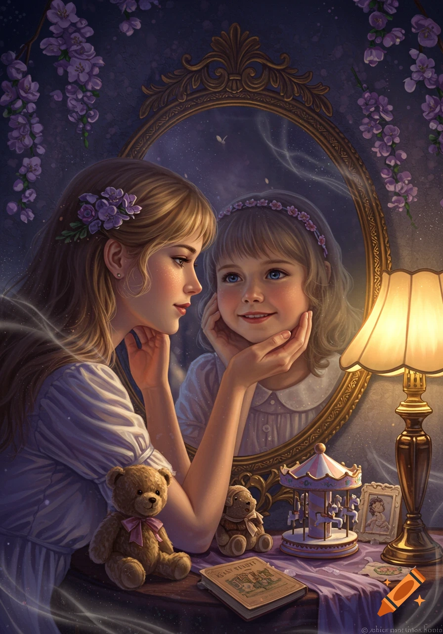 A woman looks into a mirror reflecting her as a smiling young girl, surrounded by lavender flowers, a lamp, and toys on a table.