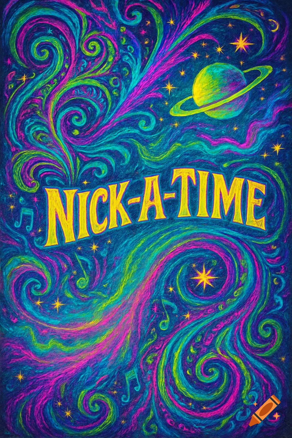 A vibrant psychedelic poster with swirling patterns in blue, green, pink, and yellow, featuring stars, a ringed planet, music notes, and the yellow text "NICK-A-TIME" centered on a dark blue background.