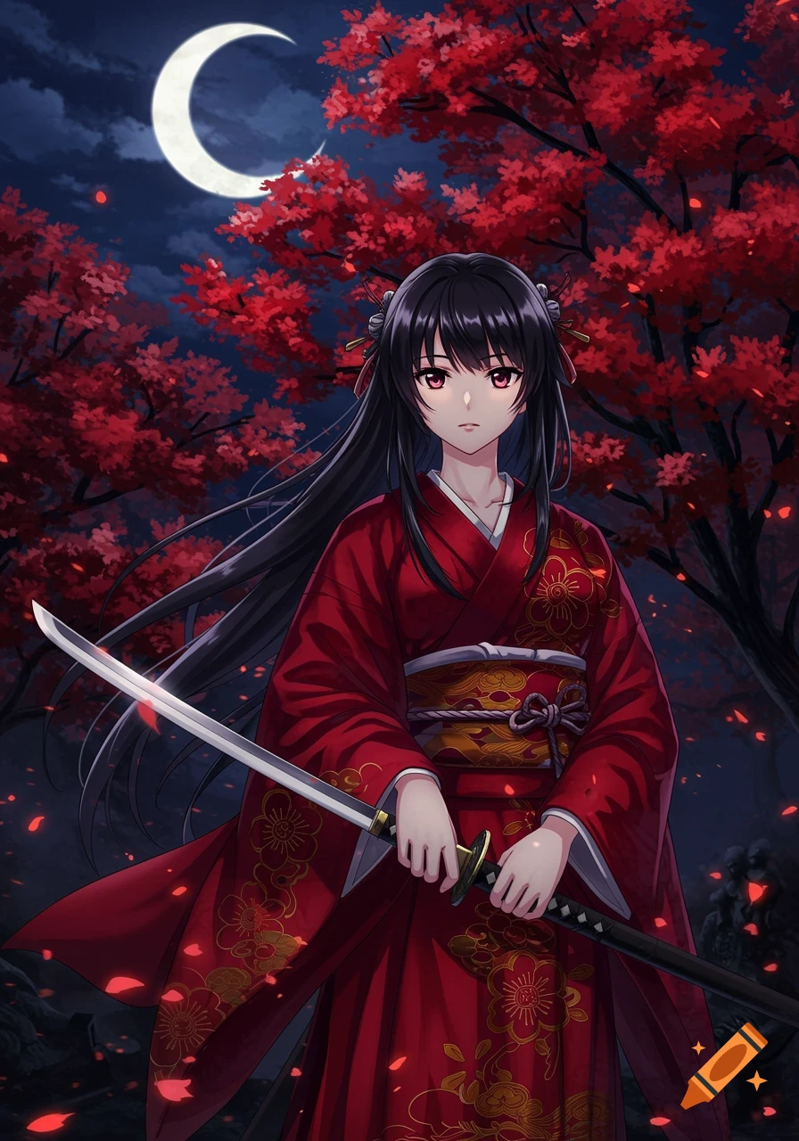 An anime girl in a red kimono holds a katana under a crescent moon, surrounded by vibrant red-leafed trees.