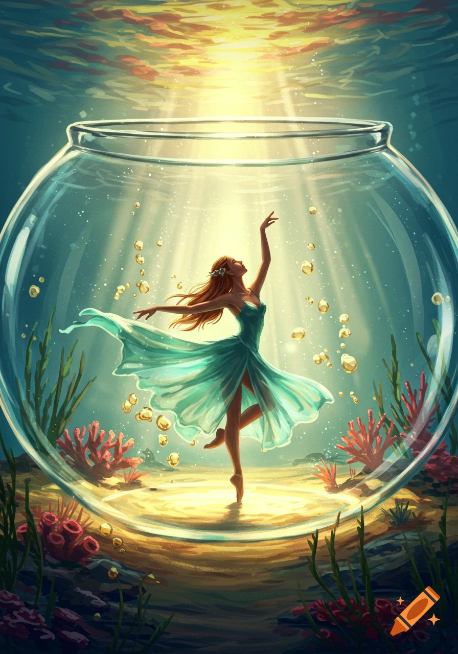 Graceful woman in teal dress dances in a sunlit fishbowl filled with water, bubbles, coral, and seaweed.