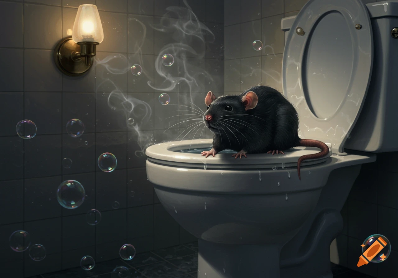 A black rat sits on the rim of a toilet in a dimly lit bathroom, with bubbles and wisps of smoke in the air.