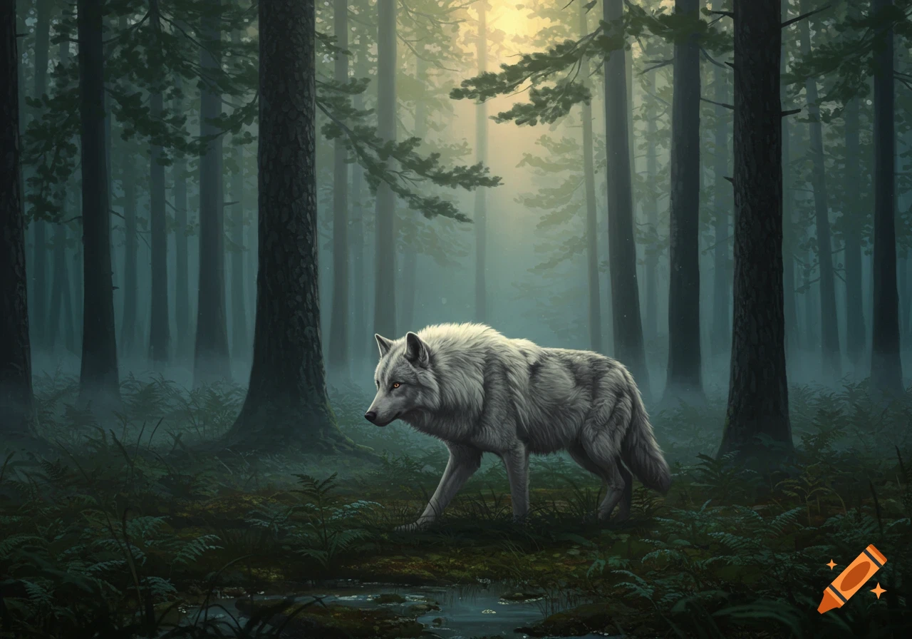 A white wolf walks through a misty, dark forest with sunlight filtering through the trees, in a digital painting style.