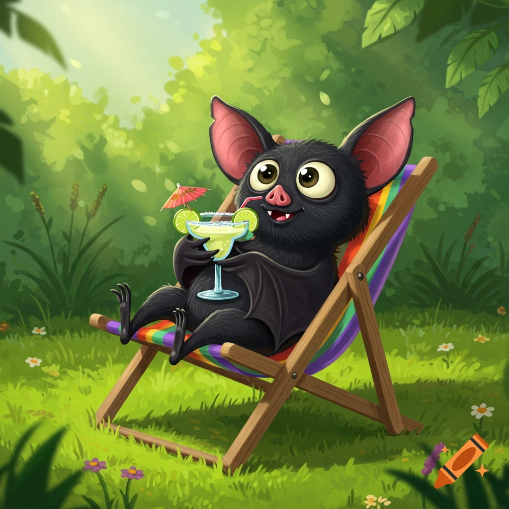 A cute black cartoon bat with big eyes relaxes in a colorful lawn chair, holding a margarita with a lime and umbrella, in a sunny green forest.