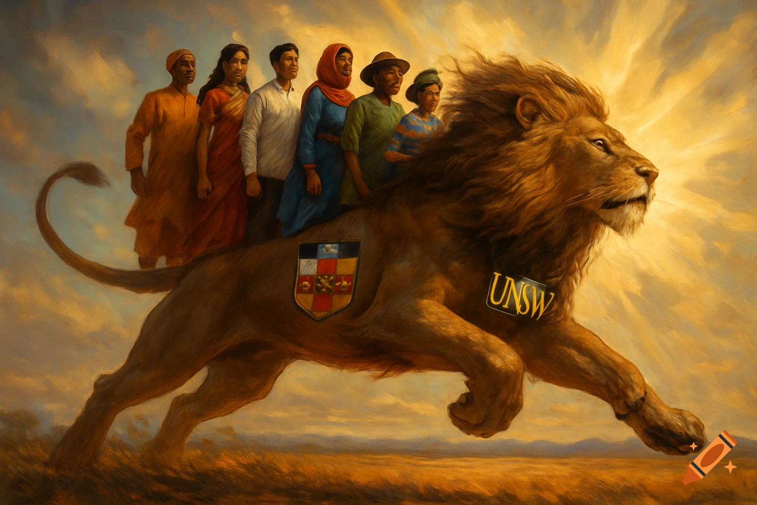A large, powerful lion with a UNSW logo leaps forward, carrying several diverse people on its back, painted in warm tones.