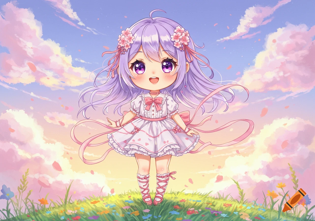 A cute anime girl with purple hair and pink flowers stands in a field of colorful flowers under a pastel sky.