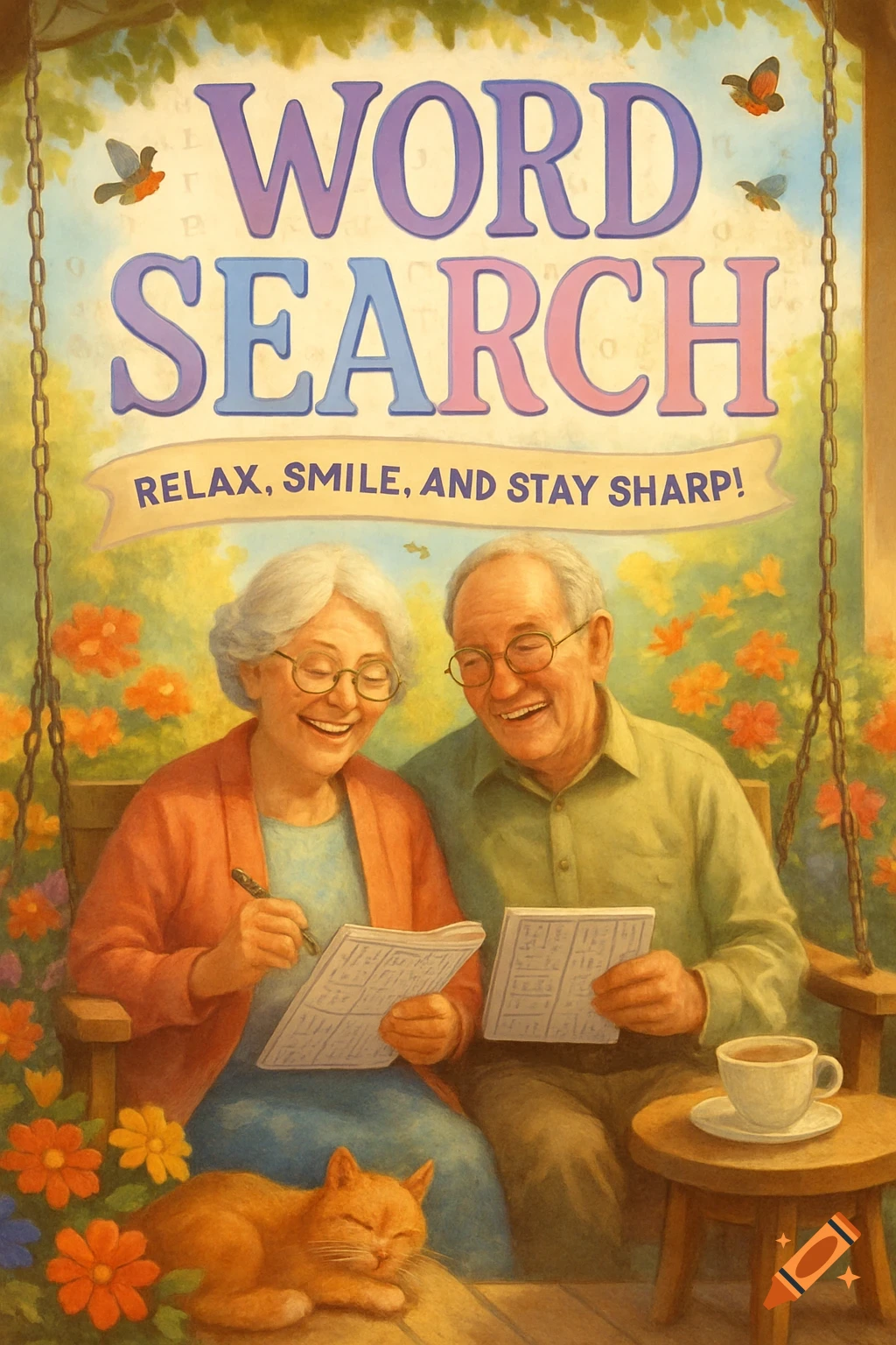 An elderly couple happily solves word search puzzles on a porch swing surrounded by flowers, with a sleeping cat and a teacup nearby. The image has the title "WORD SEARCH" and banner "Relax, Smile, and Stay Sharp!".