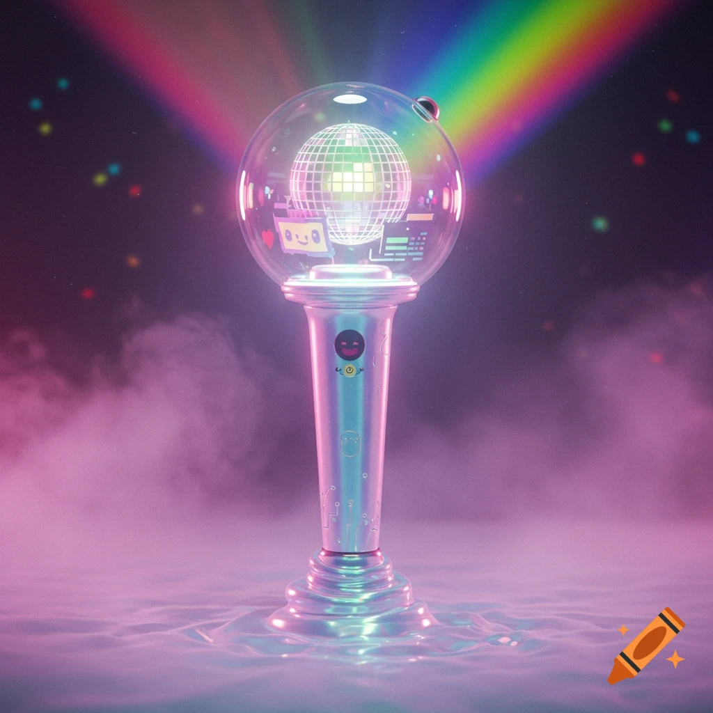 A vibrant K-pop lightstick with a disco ball globe and holographic details, set against a smoky rainbow background.