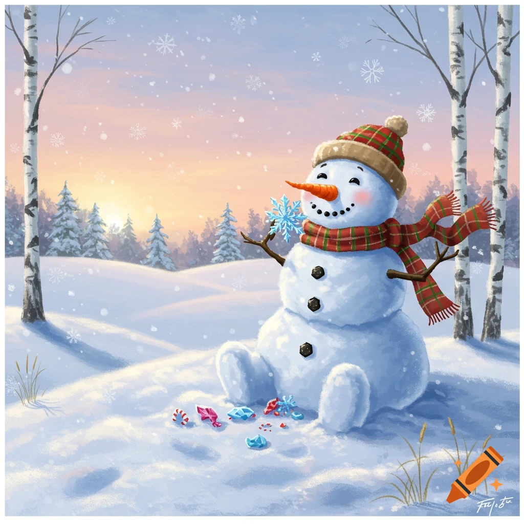 A cute snowman in a plaid hat and scarf sits in a snowy field at sunset, holding a snowflake with candies around it.