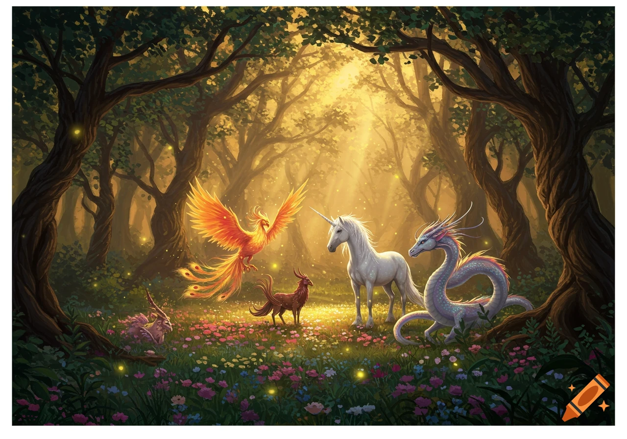 A vibrant fantasy illustration of a phoenix, unicorn, and dragon in a sunlit, enchanted forest with glowing flowers.