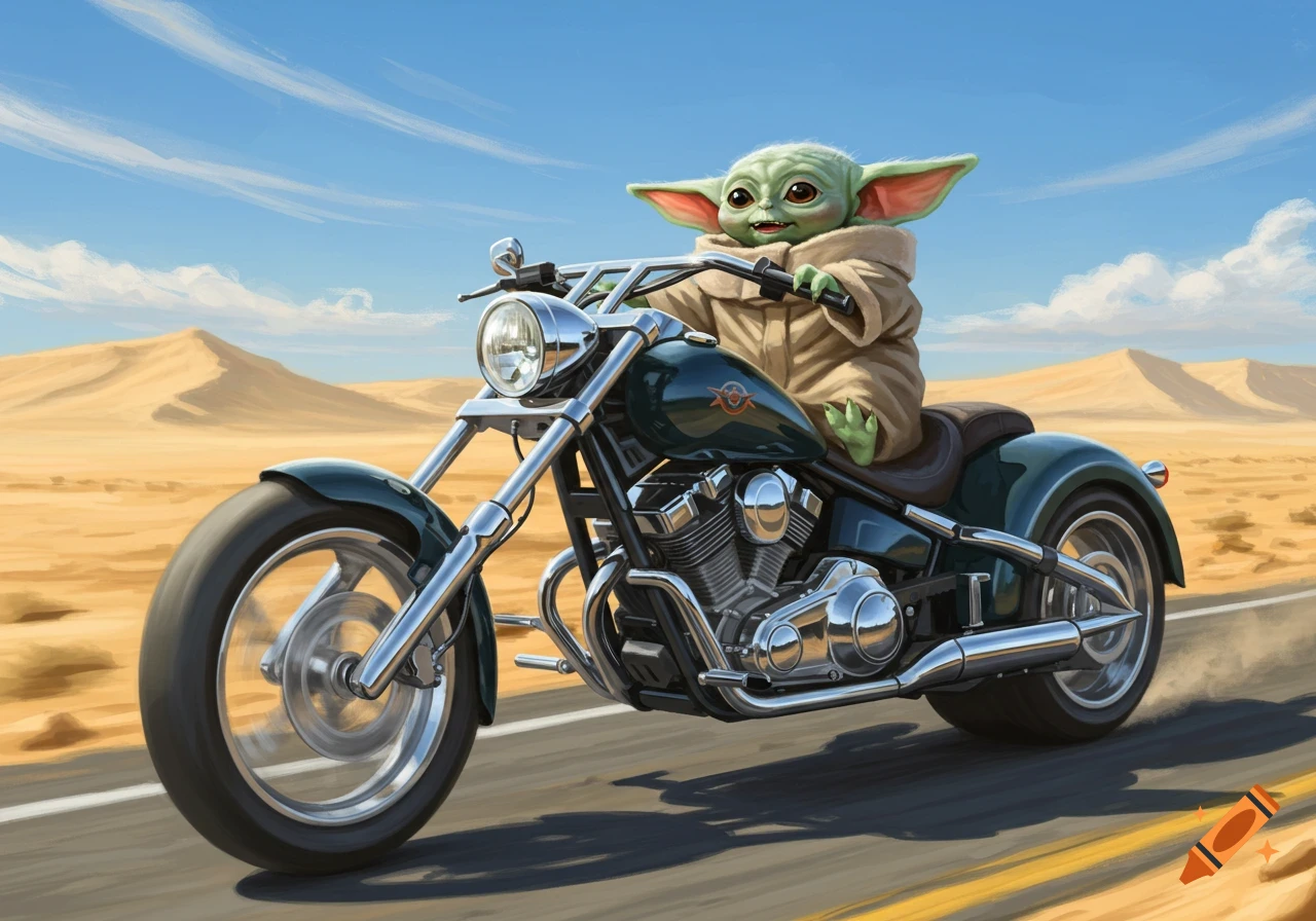 An illustration of Baby Yoda riding a dark green chopper motorcycle down a desert road under a blue sky.