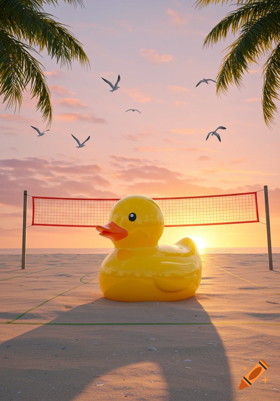 A large yellow rubber duck stands on a beach volleyball court at sunset with palm trees and seagulls in the sky.