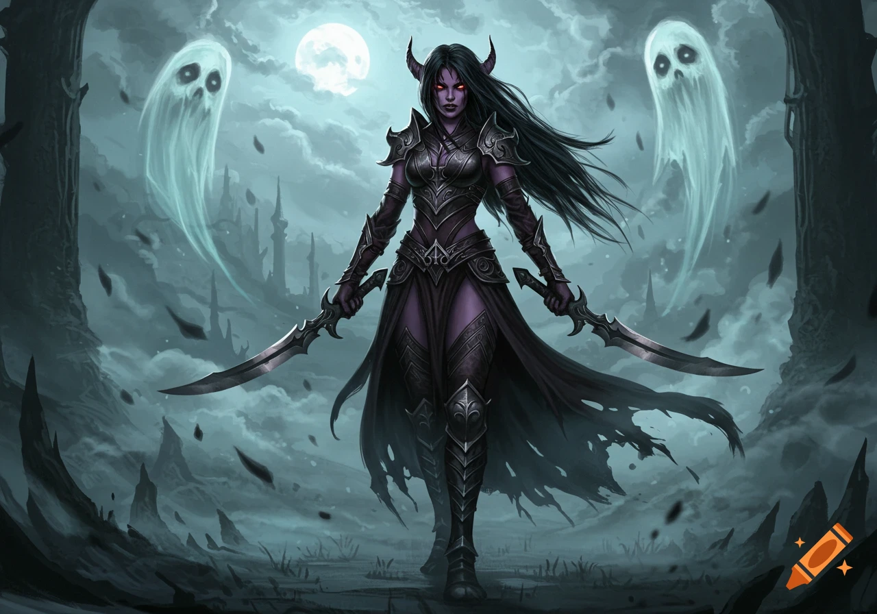A dark fantasy warrior with horns and black hair in armor, dual-wielding swords, stands under a full moon with ghosts.