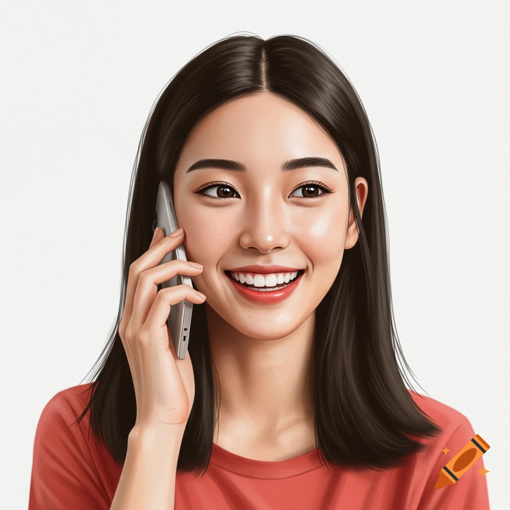 An illustration of a smiling woman with dark hair holding a phone to her ear against a white background.
