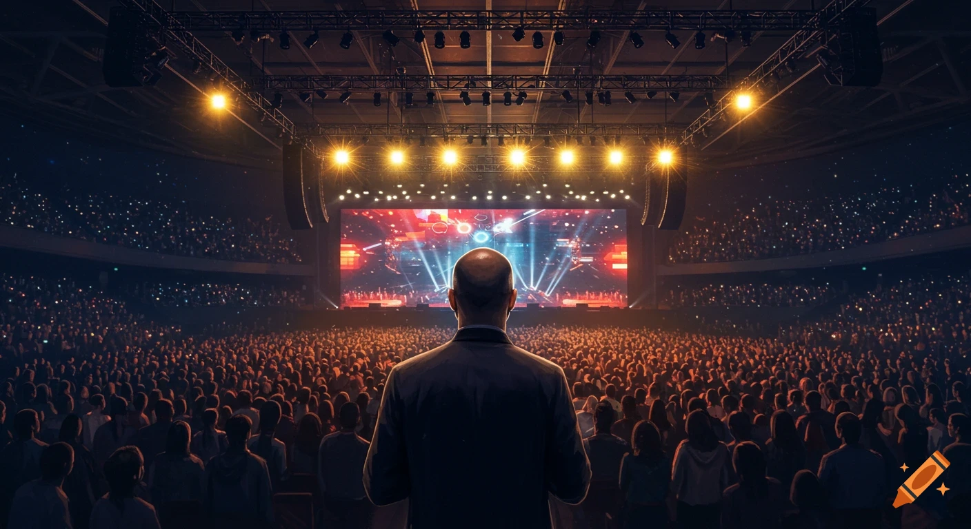 A bald man stands on a stage, viewed from behind, looking out at a vast, sold-out arena filled with an audience under bright stage lights.