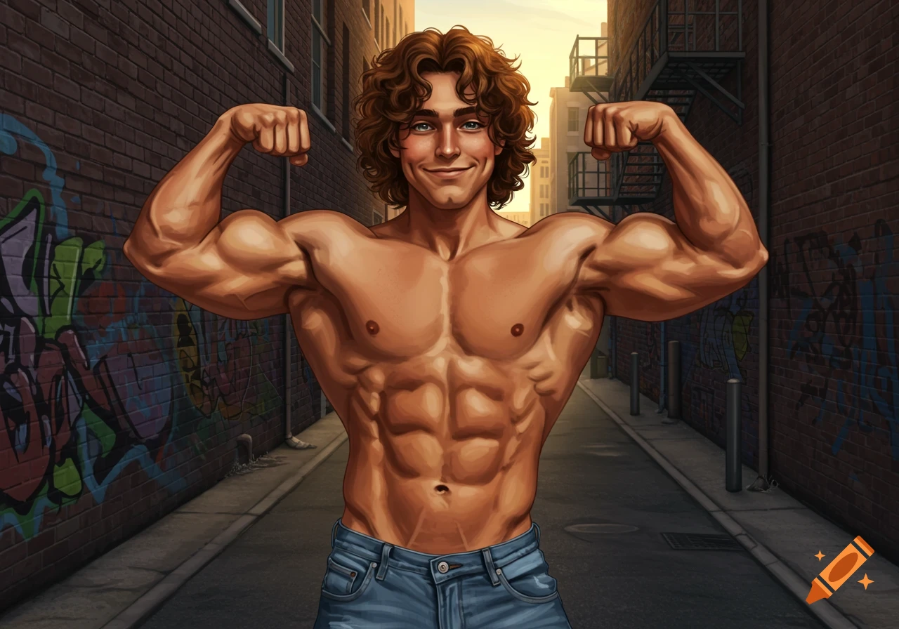 A muscular man with curly brown hair flexing his biceps in a graffiti-covered alleyway.
