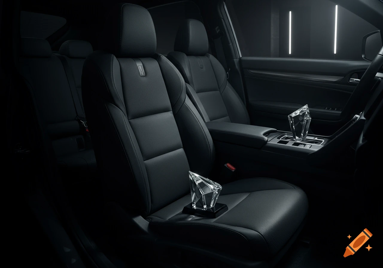A detailed interior shot of a dark car, featuring black leather seats and two faceted clear crystal awards on the passenger seat and center console.