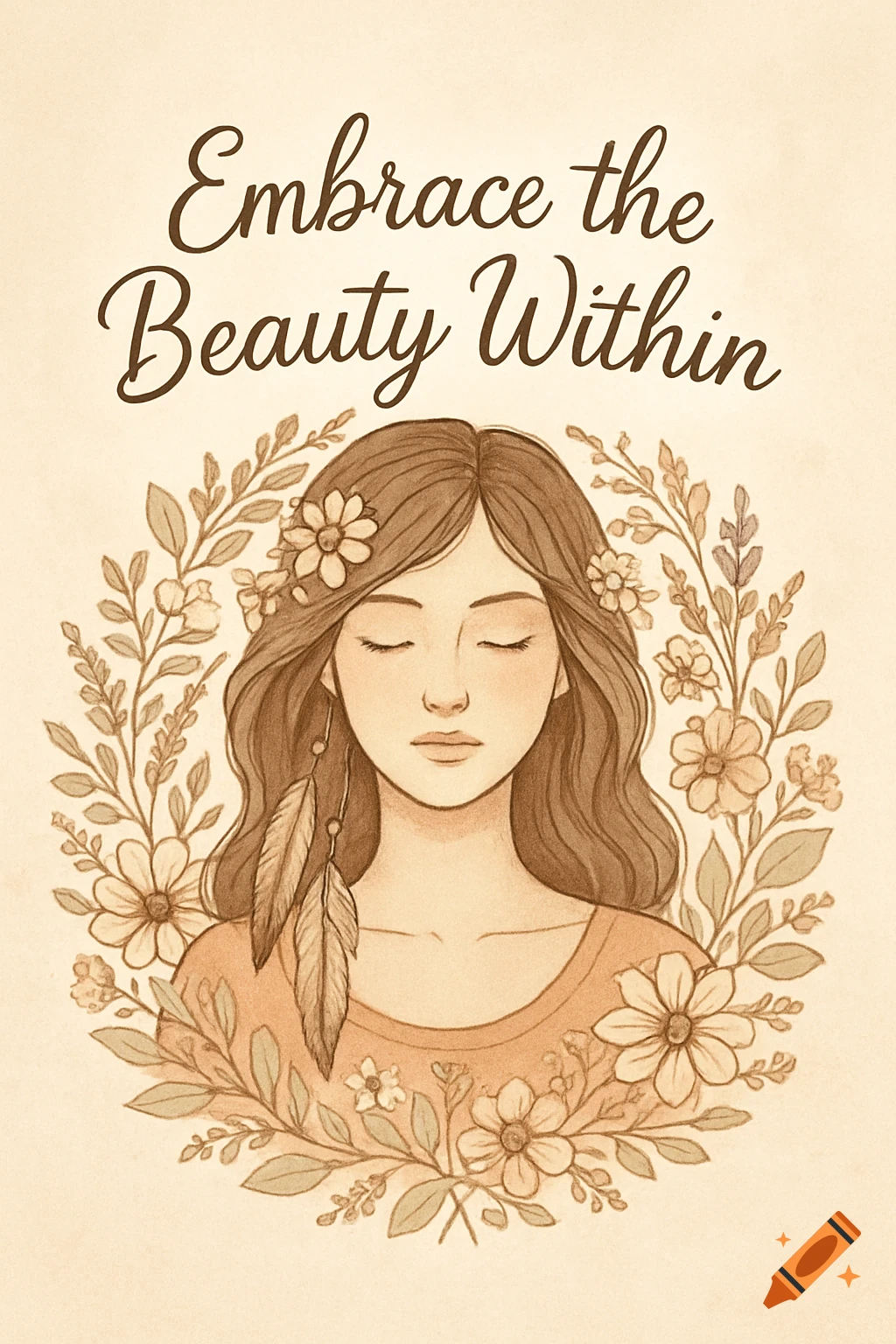 Boho illustration of a woman with closed eyes, surrounded by a floral wreath, with text 'Embrace the Beauty Within'.