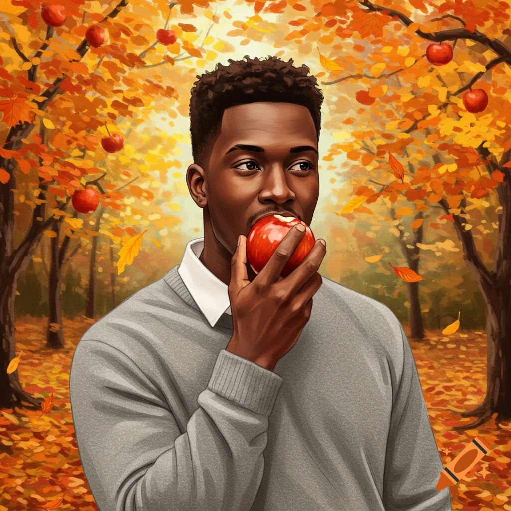 A dark-skinned man with curly hair eats a red apple in an autumn forest filled with orange leaves. Illustrated style.