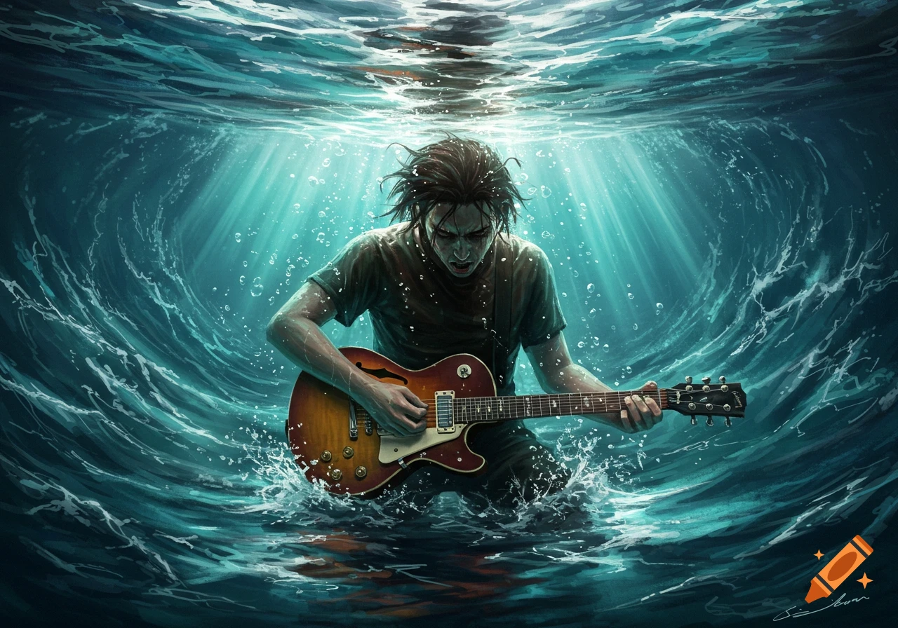 A person with long dark hair plays an electric guitar submerged in turbulent blue water with light rays shining through.