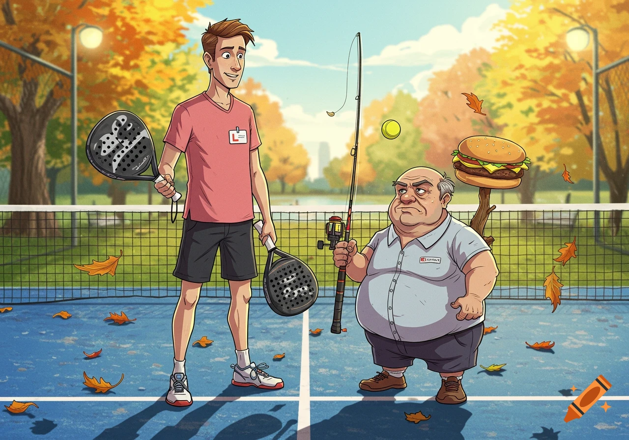 A cartoon depicts a tall man holding padel rackets next to a grumpy, short, obese man holding a fishing rod, with a burger on a stick and a tennis ball in a park setting.
