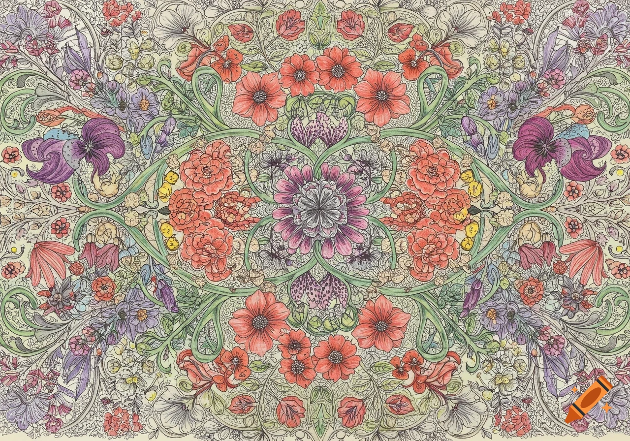 Intricate floral pattern illustration featuring stylized red, pink, and purple flowers with green foliage on a light background.