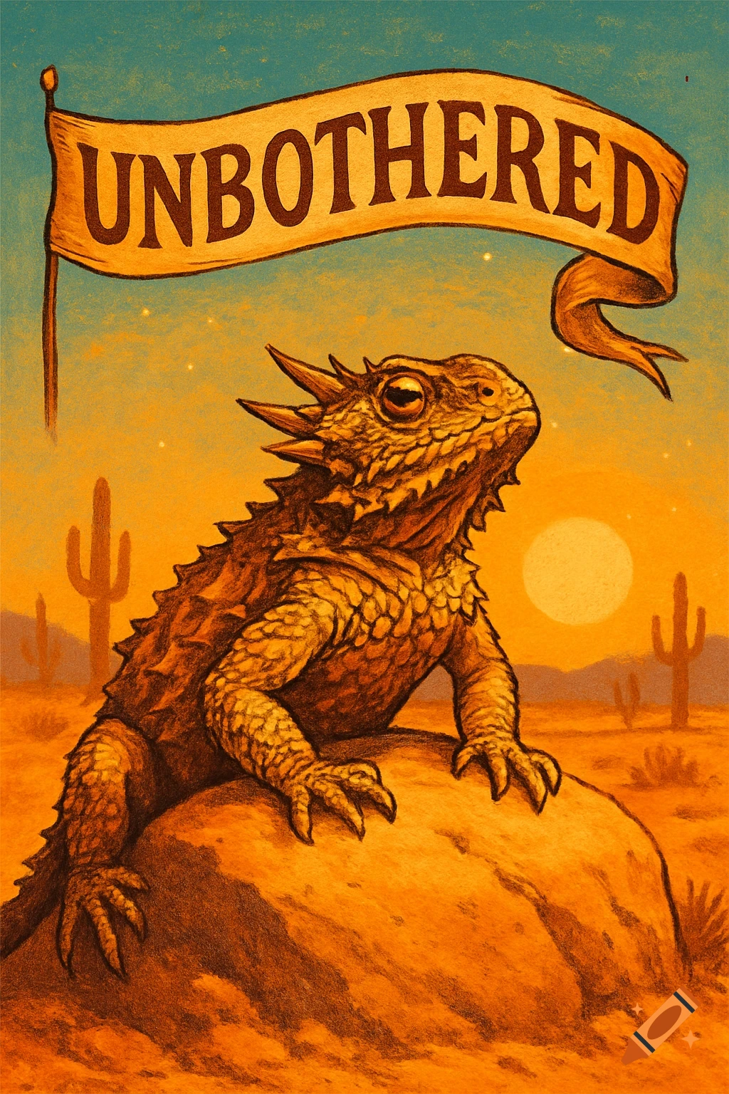 Illustrative horned lizard on a rock in a desert at sunset, with 'UNBOTHERED' banner.
