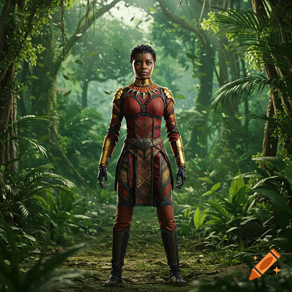 A photorealistic image of a female warrior in red and gold armor standing in a lush jungle.