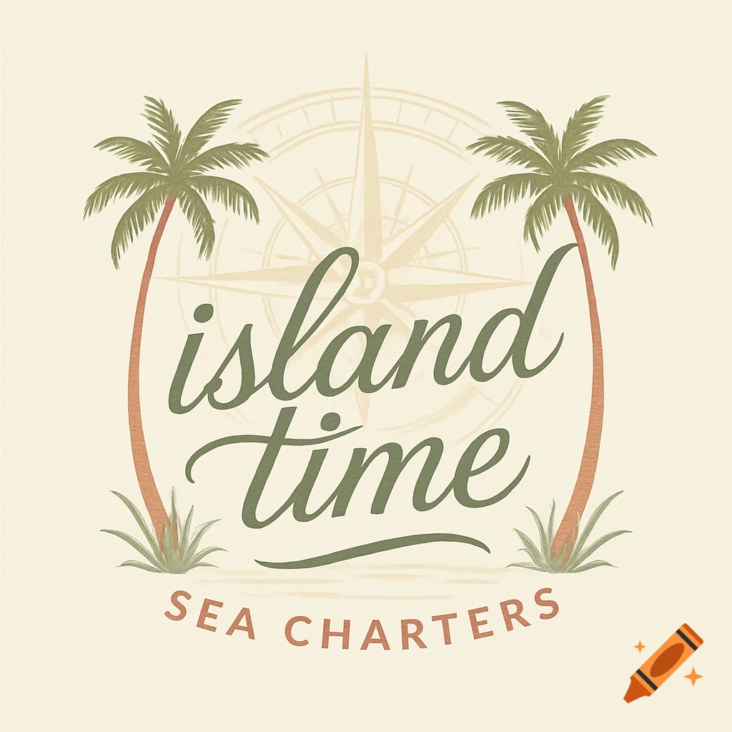 Island Time Sea Charters logo with cursive text, two palm trees, and a faint compass rose on a beige background.