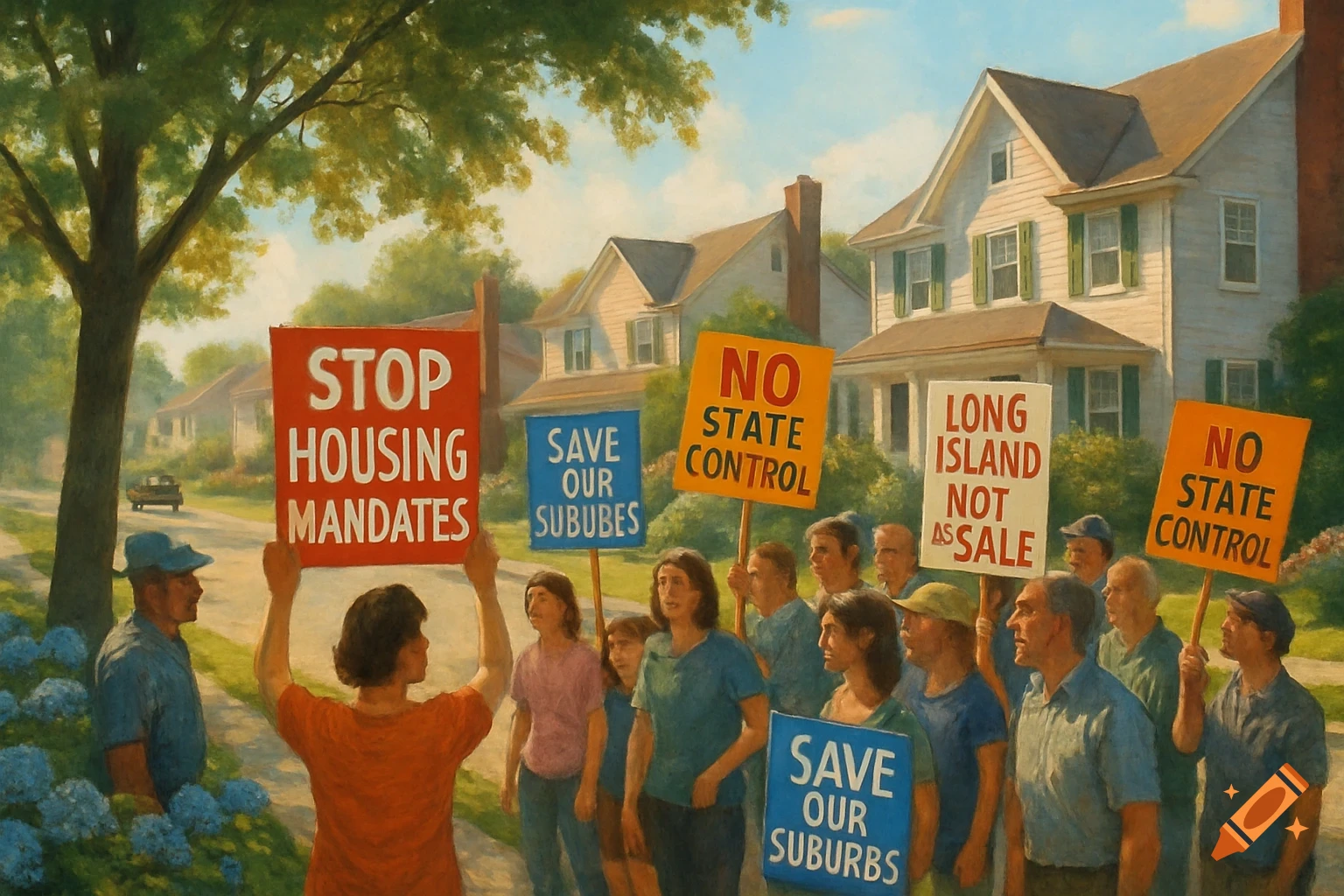 A group of people protest housing mandates in a suburban neighborhood, holding signs that read 'STOP HOUSING MANDATES' and 'NO STATE CONTROL'.
