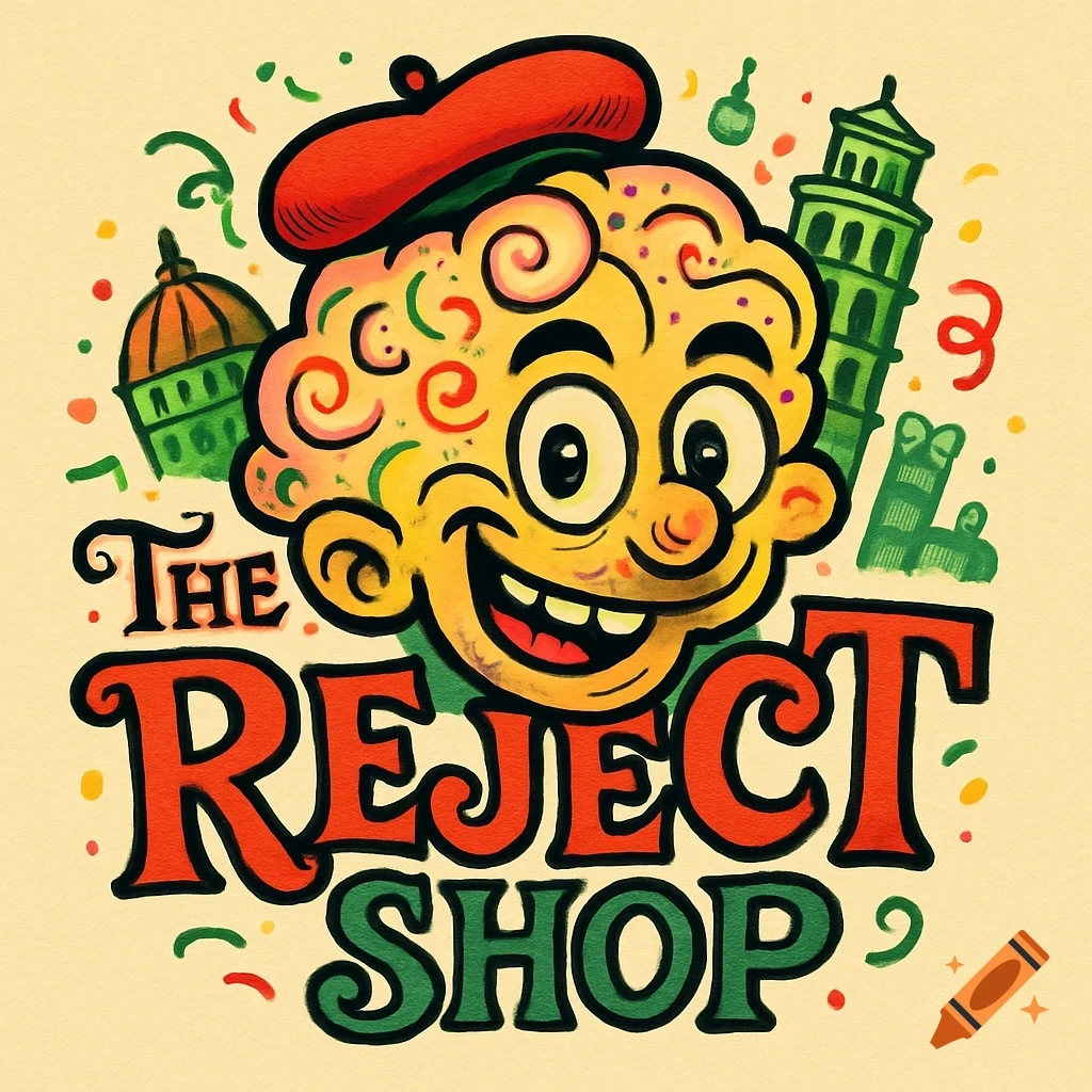 A colorful cartoony logo featuring a smiling character with a brain-like head wearing a red beret, surrounded by confetti and Italian landmarks, with "The REJECT SHOP" text below.