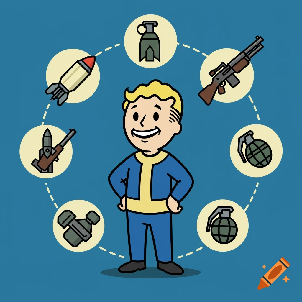 Cartoon Vault Boy character surrounded by stylized weapons like rockets, rifles, and grenades on a blue background.