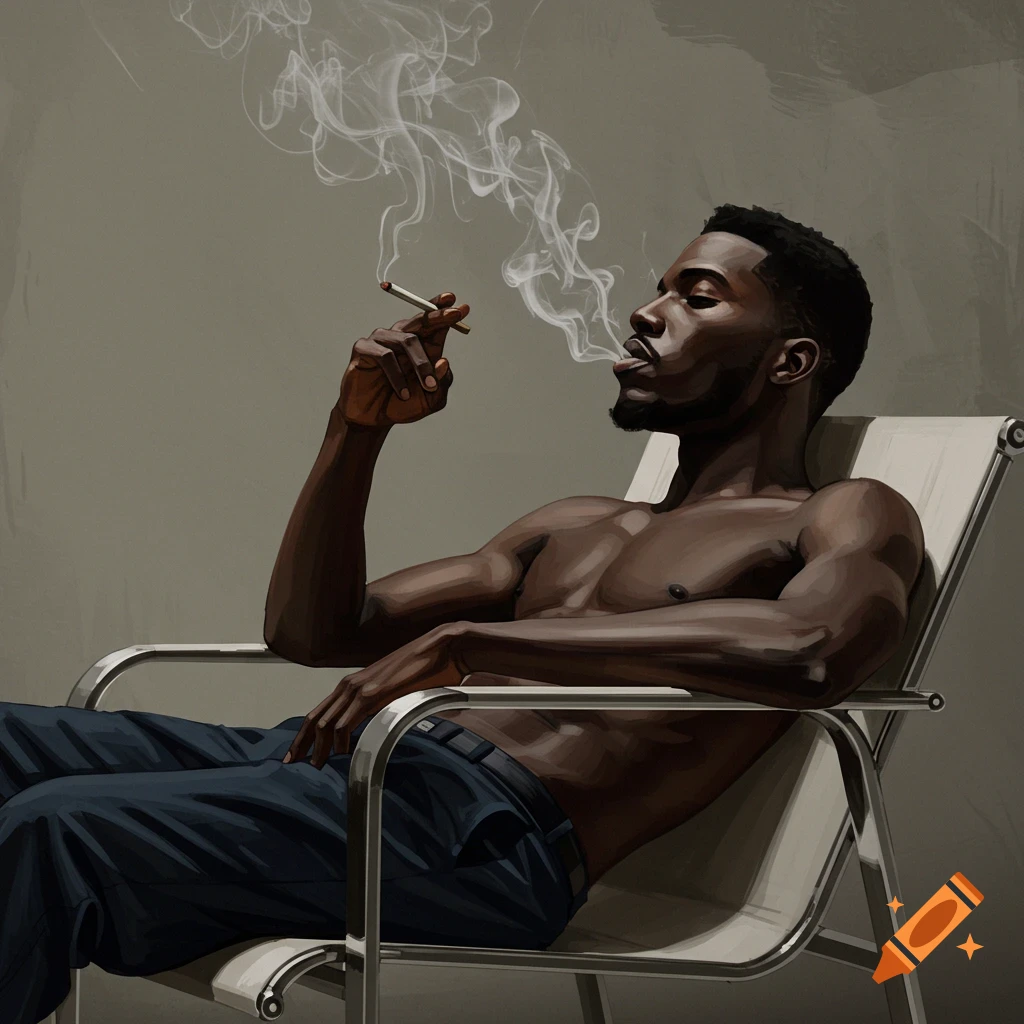 A dark-skinned man with a beard sits shirtless in a chair, smoking a cigarette, smoke swirling around his face, in a painted style.