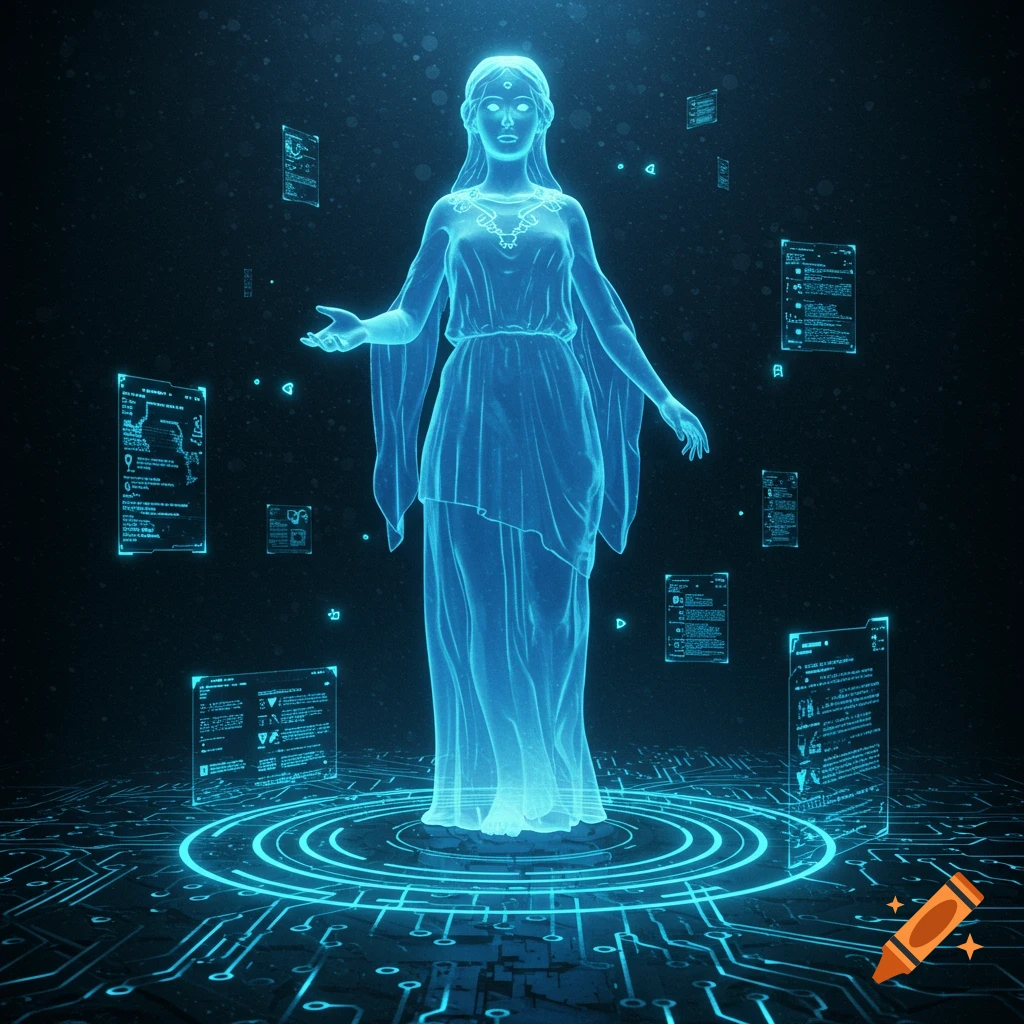 A glowing blue holographic goddess stands on a circuit board, surrounded by floating digital screens.